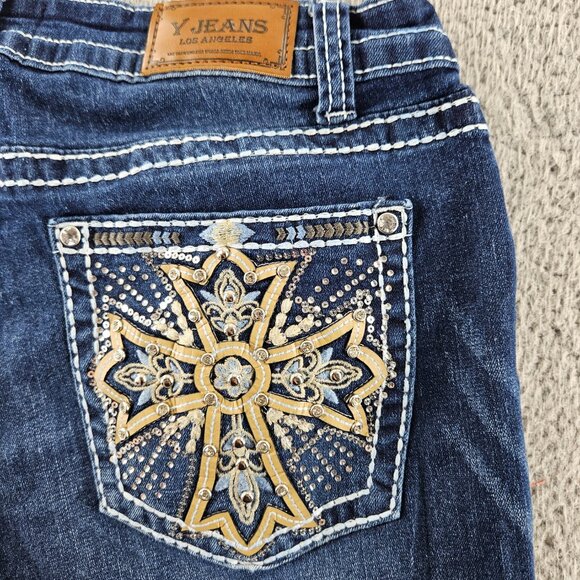 Y Jeans Los Angeles Womens 16 Blue Bootcut Embellished Pockets Distressed - Picture 1 of 16